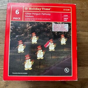 Vtg 6 Piece Glitter Penguin Pathway Markers LED Holiday Time Works READ